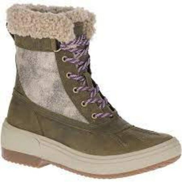 MERRELL WOMENS HAVEN MID LACE WATERPROOF BOOT GRAY AND OLIVE GREEN SIZE 6 - Picture 1 of 8